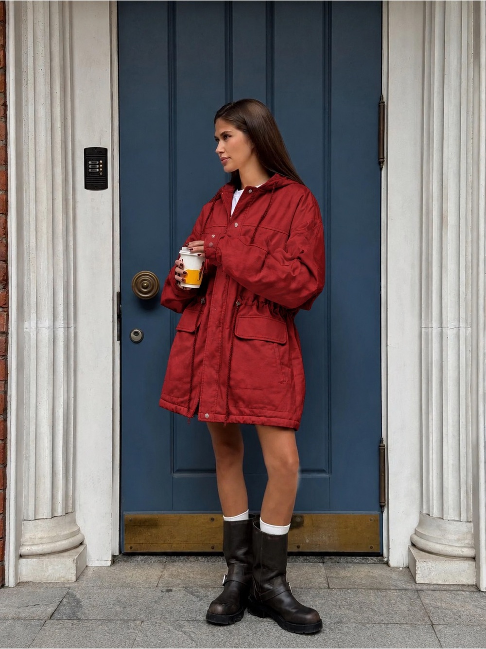 Forever 21 Red Hooded Drawstring Utility Parka Lightweight Jacket Size S